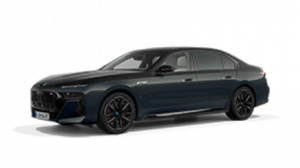 Dunkelgraue BMW Limousine, seitliche Ansicht, auf weißem Hintergrund.