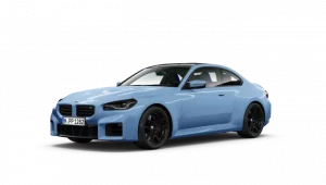 Blaues BMW 2er Coupé, seitlich fotografiert, auf weißem Hintergrund.