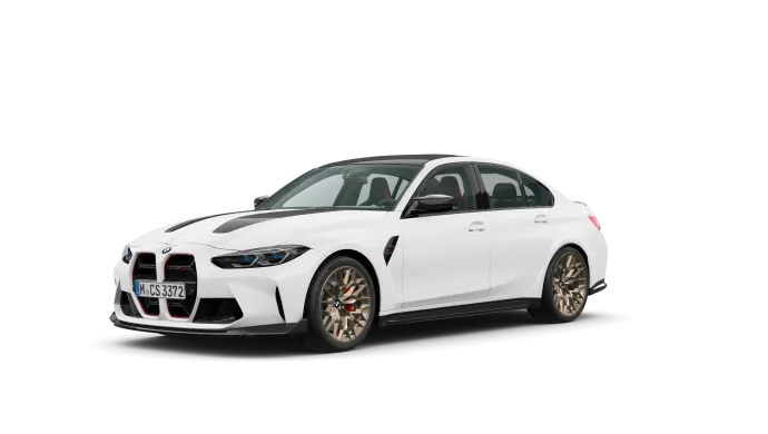 Weißer BMW M3 mit schwarzen Akzenten auf weißem Hintergrund.