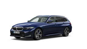 Blauer BMW 3er Touring Kombi, seitlich fotografiert auf weißem Hintergrund.