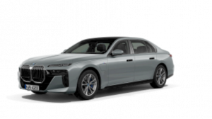 Silberne BMW Limousine, seitlich fotografiert, auf weißem Hintergrund.