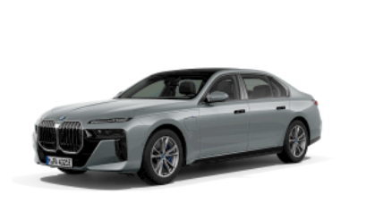 Silberne BMW Limousine, seitlich fotografiert, auf weißem Hintergrund.