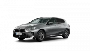 Silberner BMW 1er, Seitenansicht, auf weißem Hintergrund.