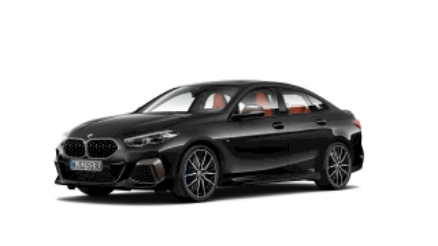 Schwarzes BMW 2er Gran Coupé auf weißem Hintergrund, Seitenansicht von vorne links.