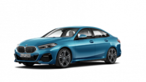 Blaues BMW 2er Gran Coupé, seitlich gesehen, auf weißem Hintergrund.