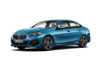 Blaues BMW 2er Gran Coupé, seitlich gesehen, auf weißem Hintergrund.
