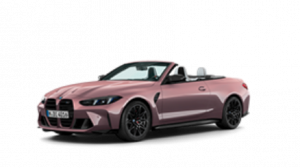 BMW 4er Cabrio 2024 in Rosa, offen, Frontansicht auf weißem Hintergrund.