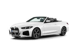 Weißes BMW 4er Cabrio, seitliche Ansicht, Verdeck offen, auf weißem Hintergrund.