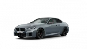 Graues BMW 2er Coupé, seitliche Ansicht, schwarzer Hintergrund.