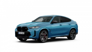 Blauer BMW X6, Seitenansicht, schwarzer Kühlergrill, rote Bremssättel, auf weißem Hintergrund.