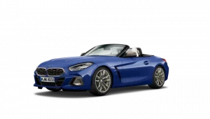 Blauer BMW Z4 M Roadster, seitlich fotografiert, vor weißem Hintergrund.